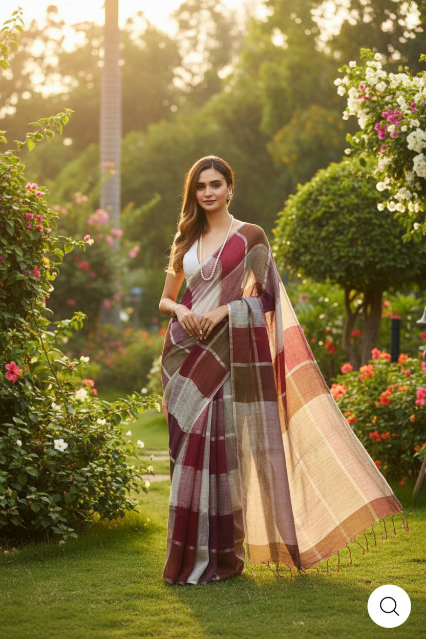 Multicolor checked linen saree maroon pink brown in garden