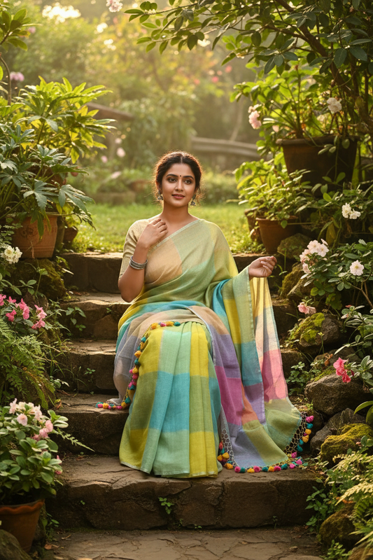 Pastel multicolor linen saree sitting in garden