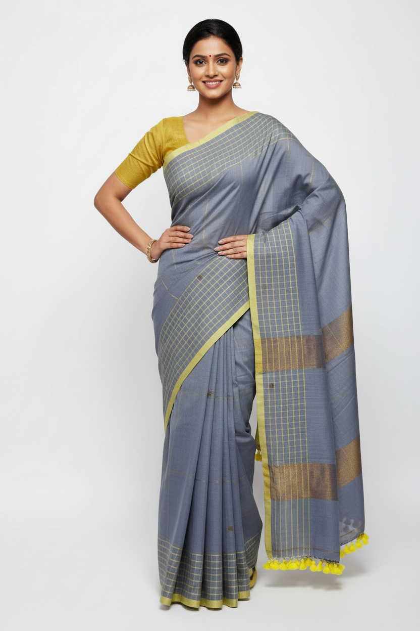 Grey blue checked cotton saree with yellow border - standing pose