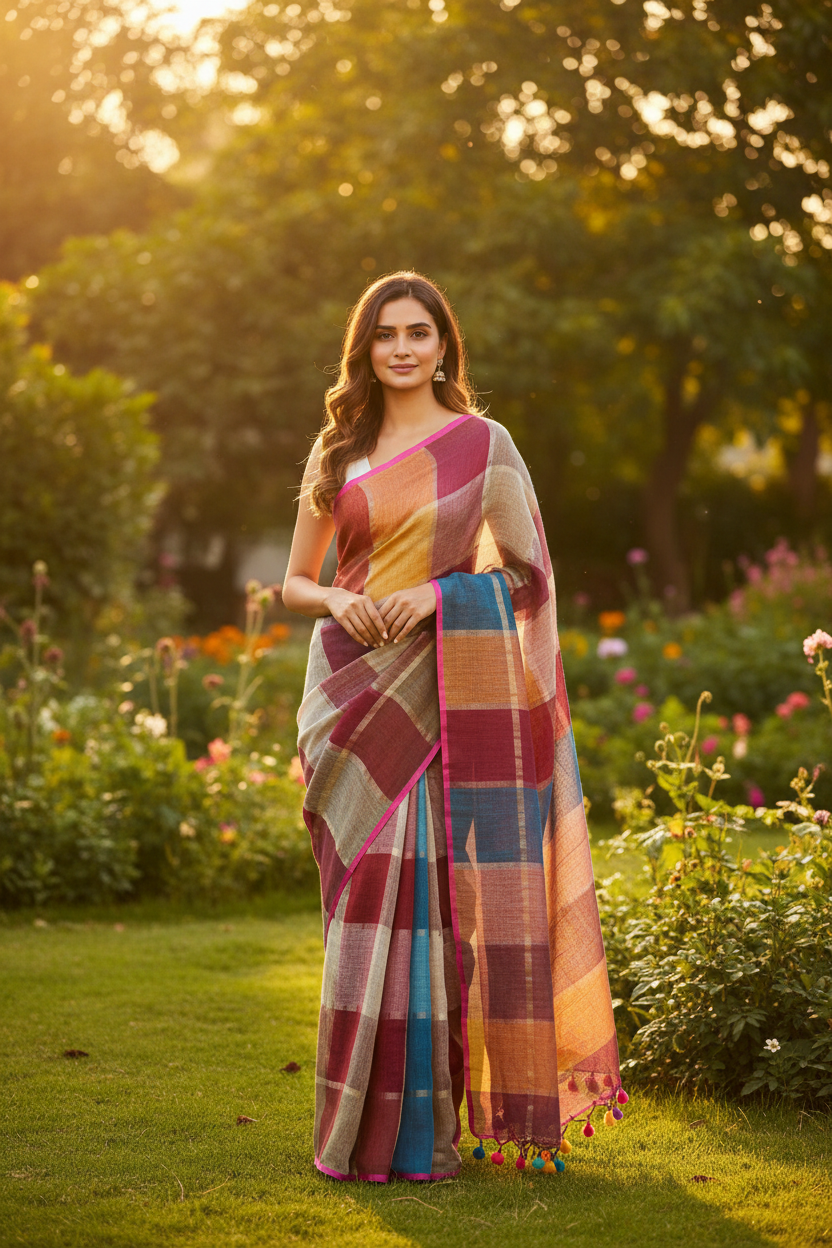 Multicolor checked linen saree with colorful tassels in garden