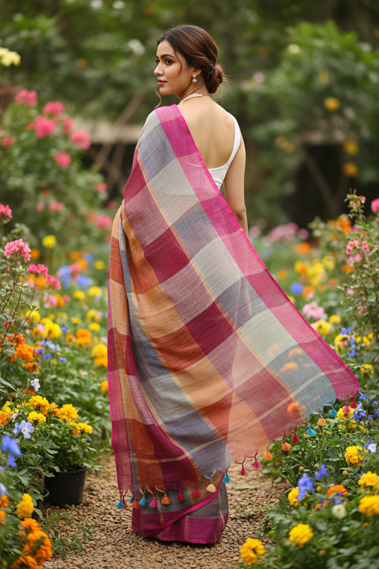 Handwoven multicolor linen saree back view in garden