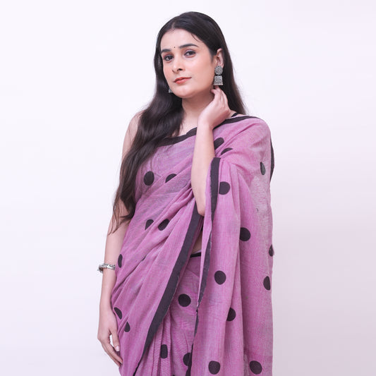 Light Purple Polka Dot Printed Cotton Saree