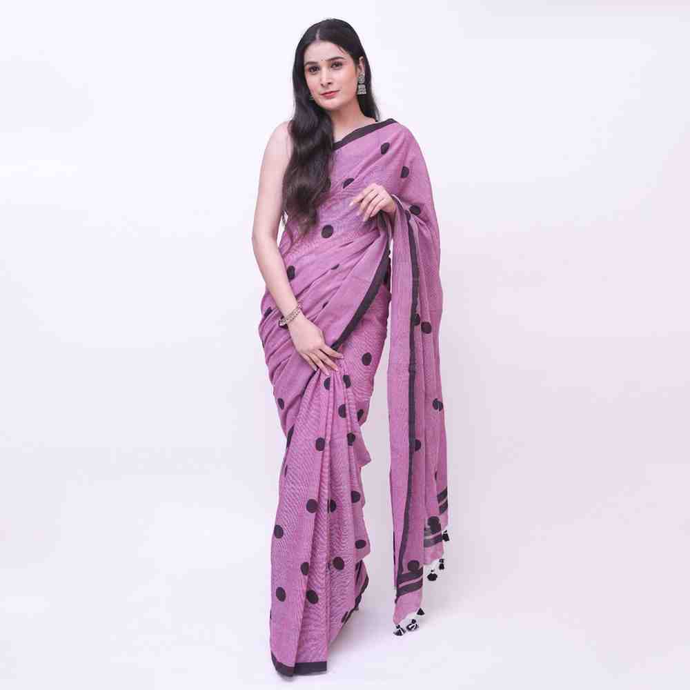 Light Purple Polka Dot Printed Cotton Saree
