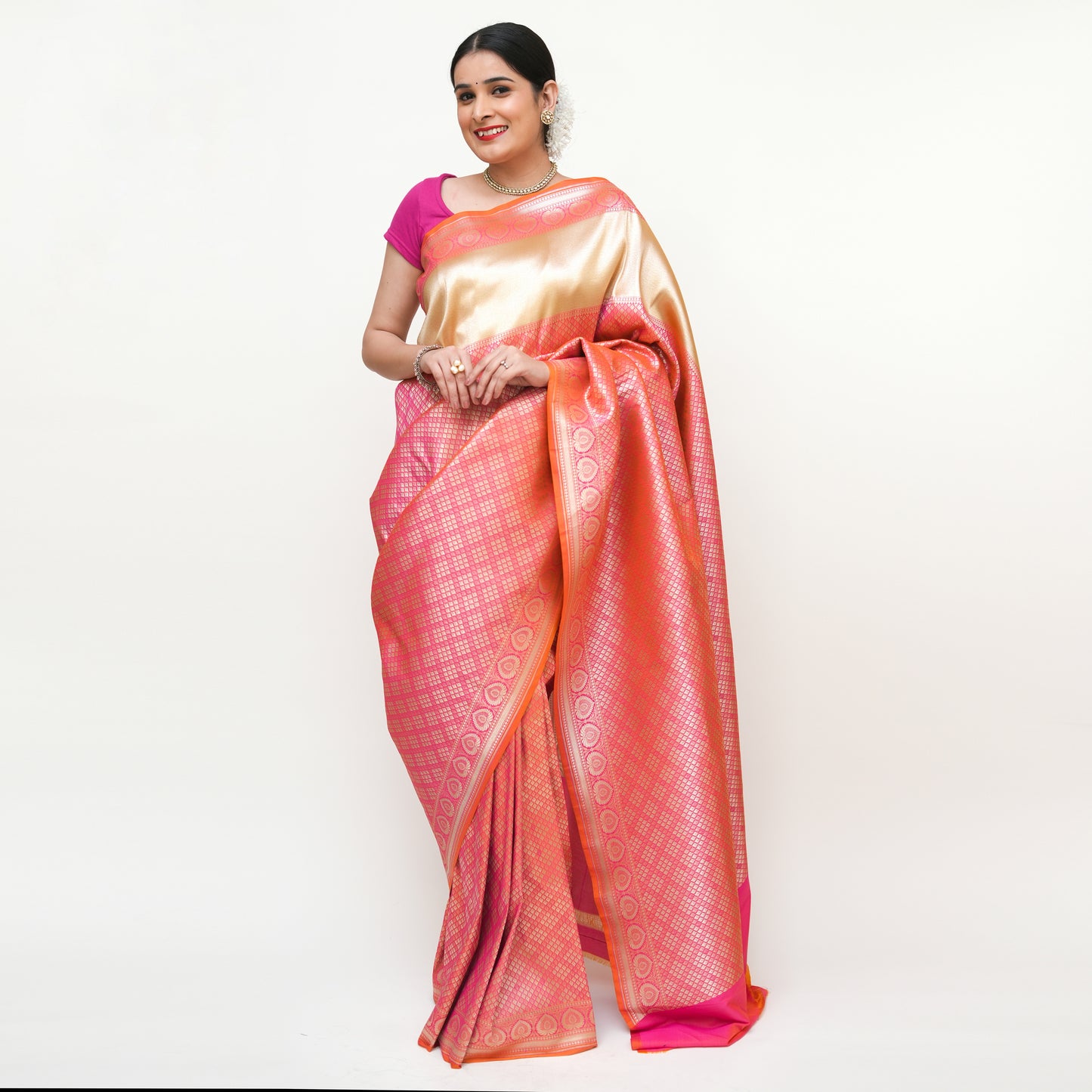 Multi Pink and Gold Banarasi Pure Silk Saree with Blouse Piece - Premium Handwoven