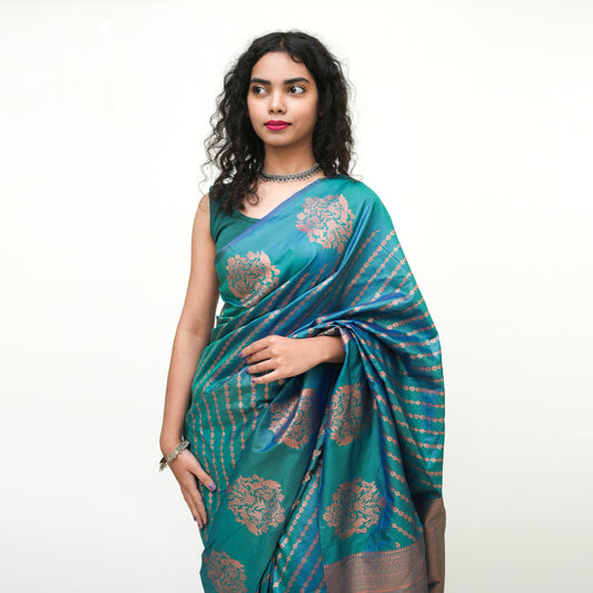 Turquoise Blue Banarasi Silk Saree with Blouse Piece - Premium Silk Cotton Blend