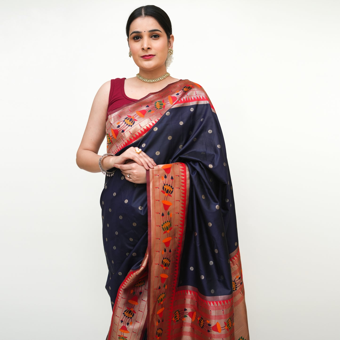 Navy Blue Paithani Design Banarasi Silk Saree with Blouse Piece - Premium Silk Cotton Blend