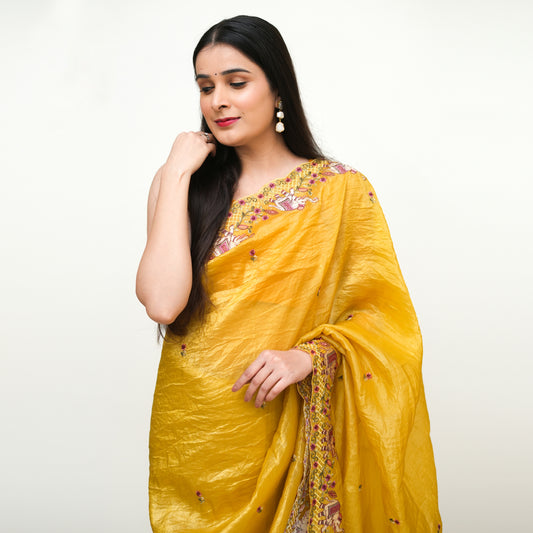 Mustard Yellow Tissue Saree with Embroidery and Blouse Piece