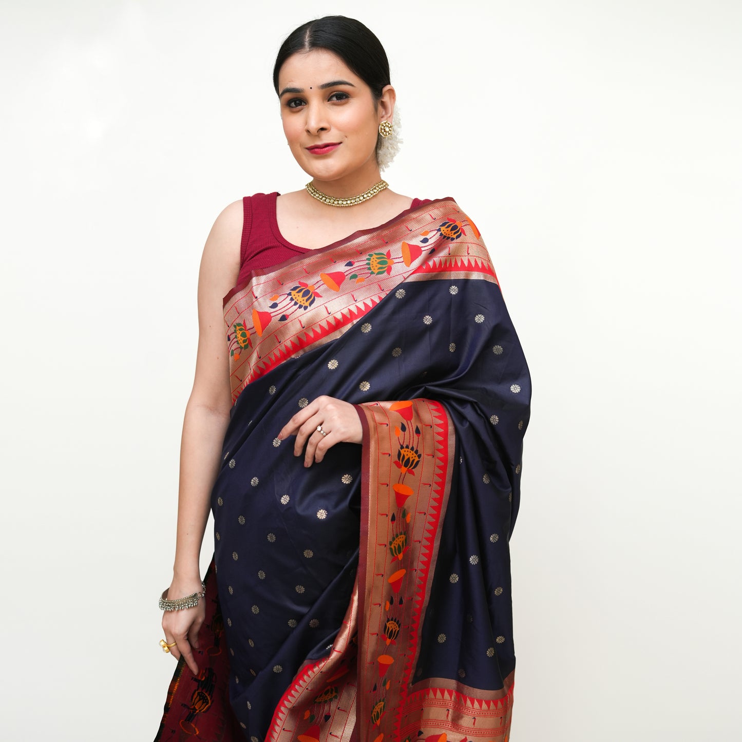 Navy Blue Paithani Design Banarasi Silk Saree with Blouse Piece - Premium Silk Cotton Blend