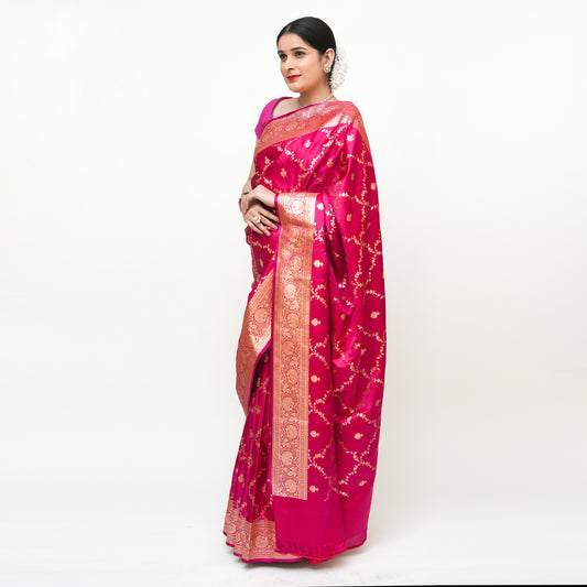 Hot Pink Banarasi Silk Saree with Blouse Piece - Premium Silk Cotton Blend