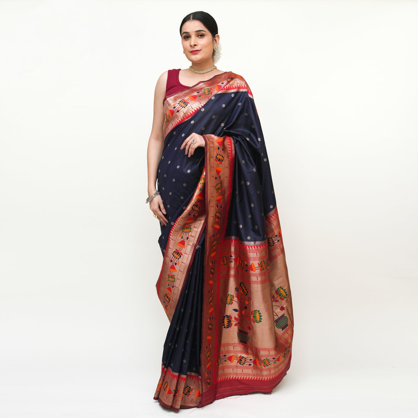 Navy Blue Paithani Design Banarasi Silk Saree with Blouse Piece - Premium Silk Cotton Blend
