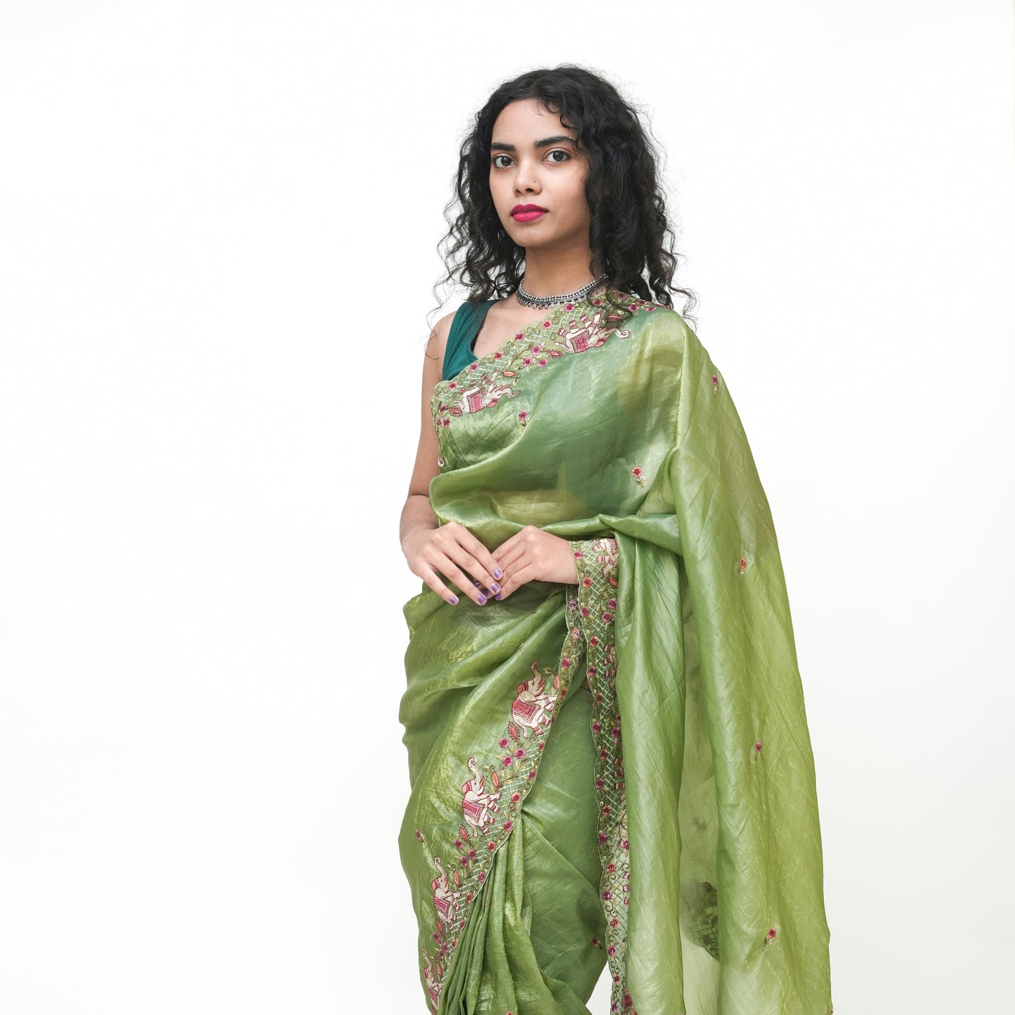 Pure Green Tissue Saree with Embroidery and Blouse Piece