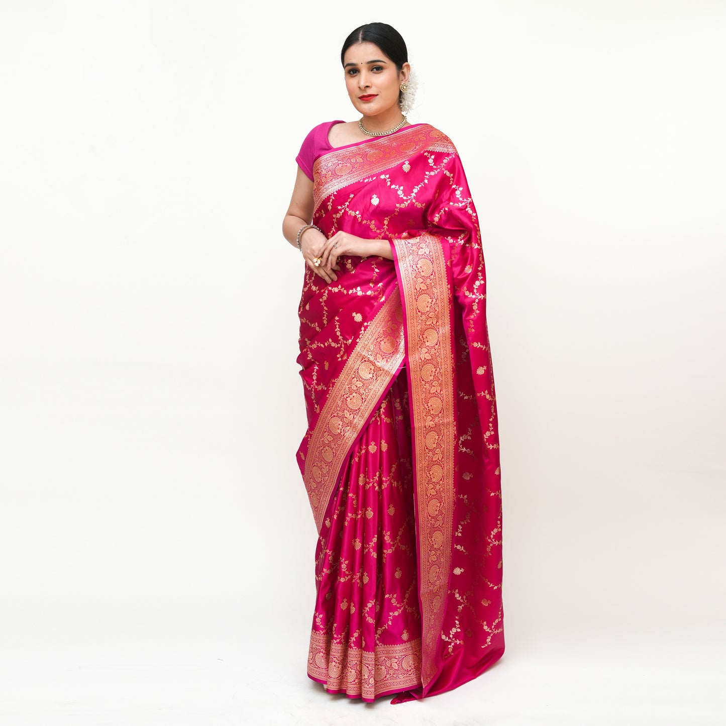 Hot Pink Banarasi Silk Saree with Blouse Piece - Premium Silk Cotton Blend