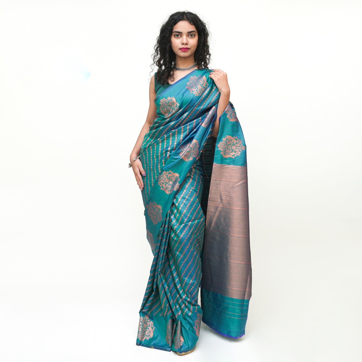 Turquoise Blue Banarasi Silk Saree with Blouse Piece - Premium Silk Cotton Blend