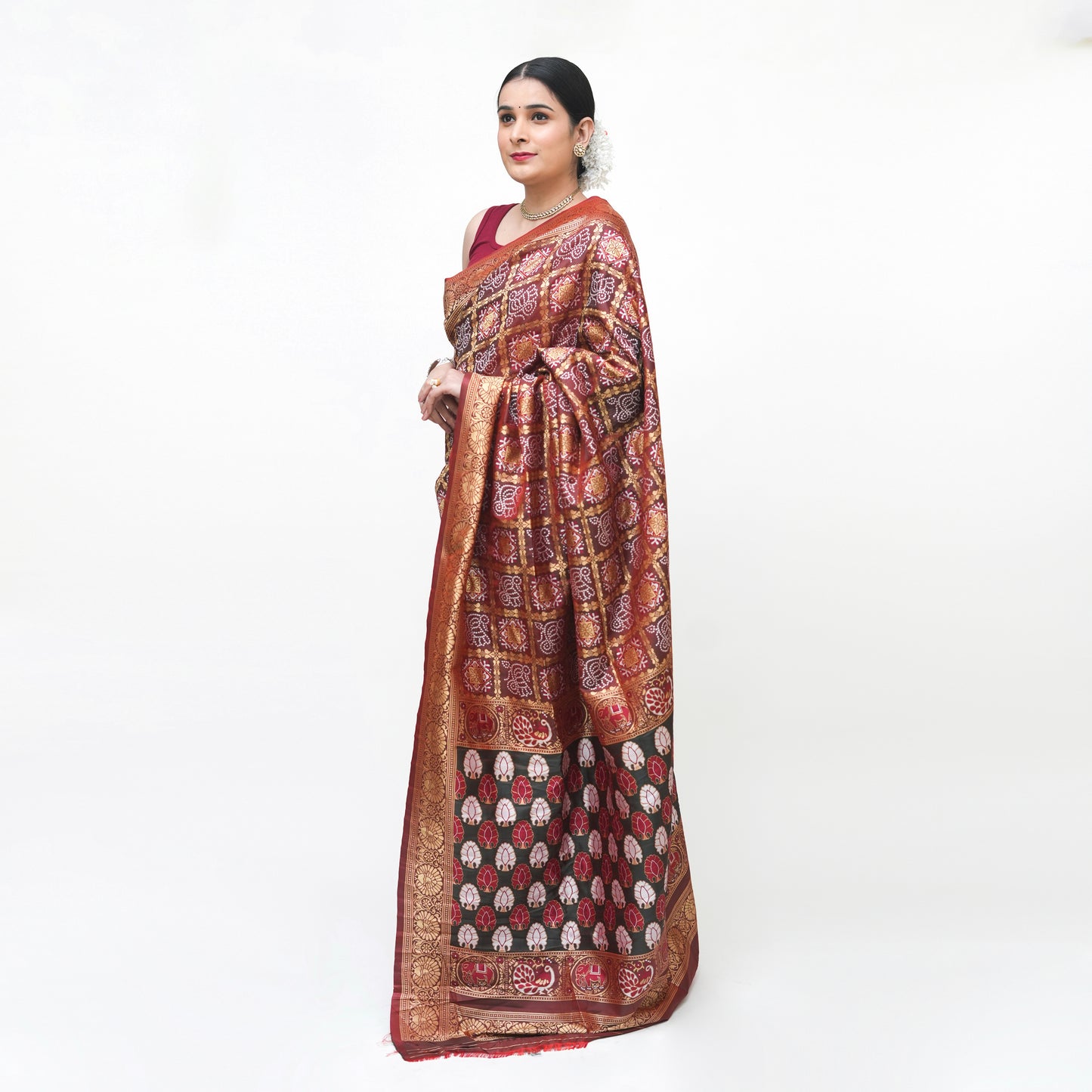 Dark Brown Maroon Banarasi Gharchola Saree with Blouse Piece - Premium Silk Cotton Blend
