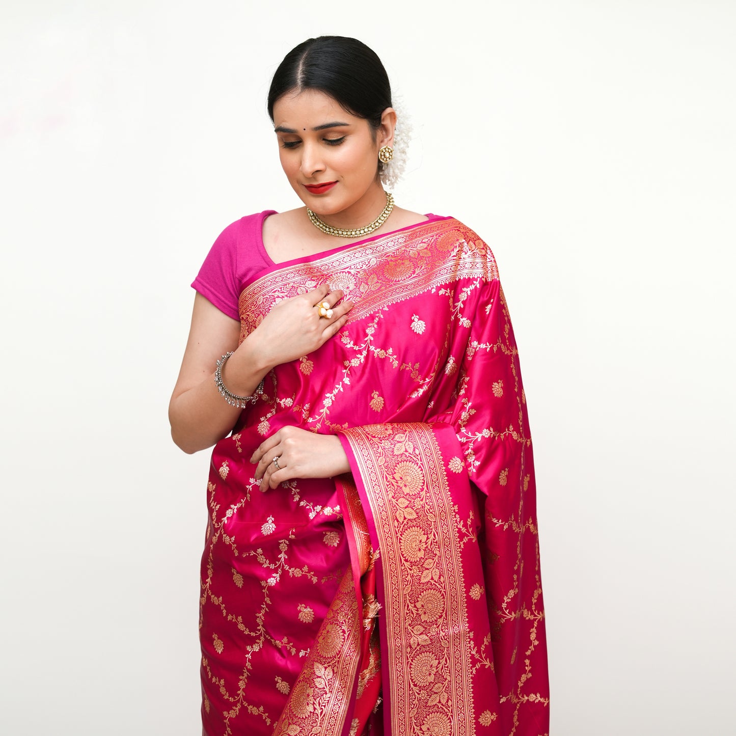 Hot Pink Banarasi Silk Saree with Blouse Piece - Premium Silk Cotton Blend