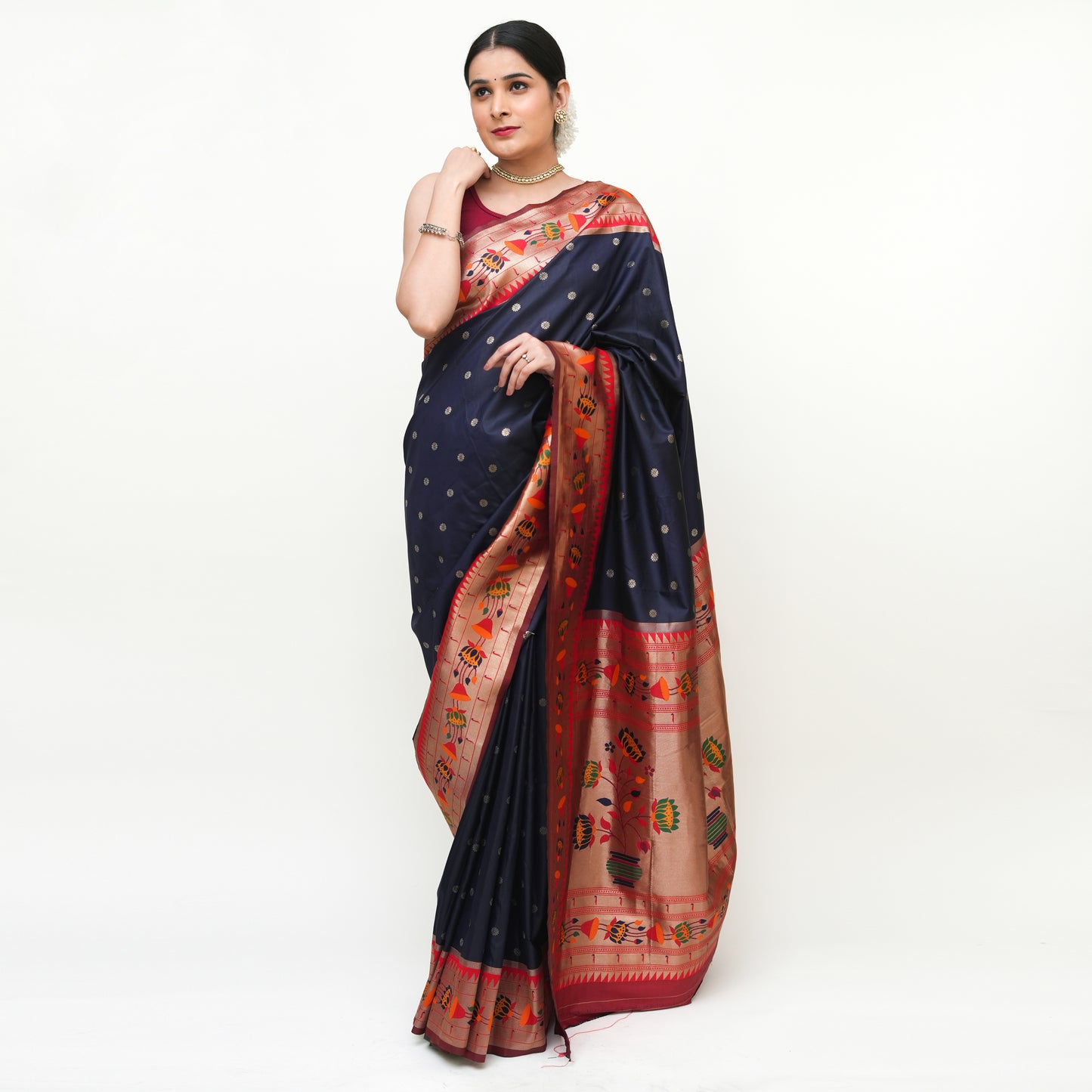 Navy Blue Paithani Design Banarasi Silk Saree with Blouse Piece - Premium Silk Cotton Blend