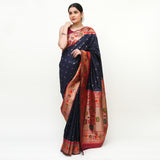 Navy Blue Paithani Design Banarasi Silk Saree with Blouse Piece - Premium Silk Cotton Blend