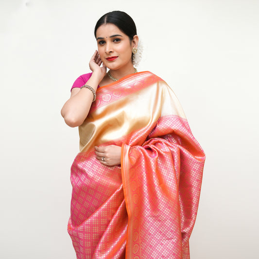 Multi Pink and Gold Banarasi Pure Silk Saree with Blouse Piece - Premium Handwoven