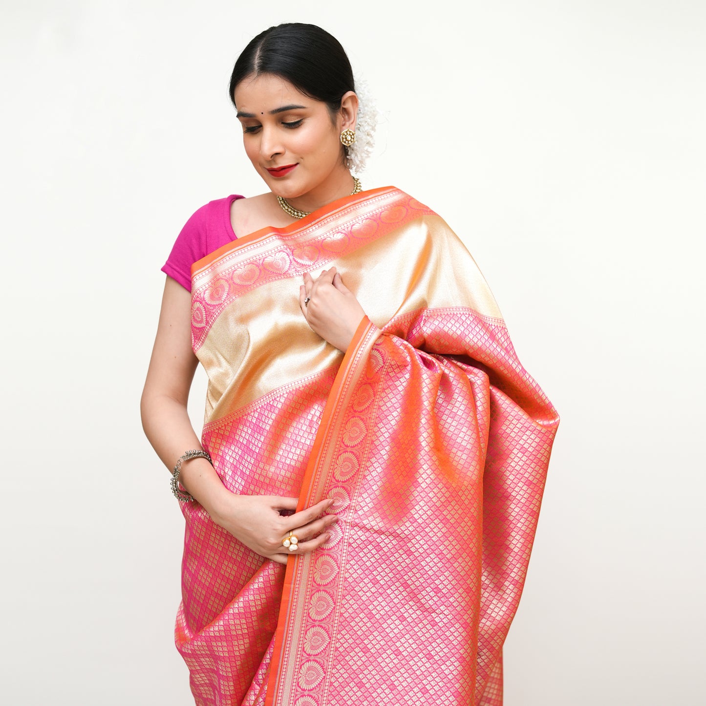 Multi Pink and Gold Banarasi Pure Silk Saree with Blouse Piece - Premium Handwoven