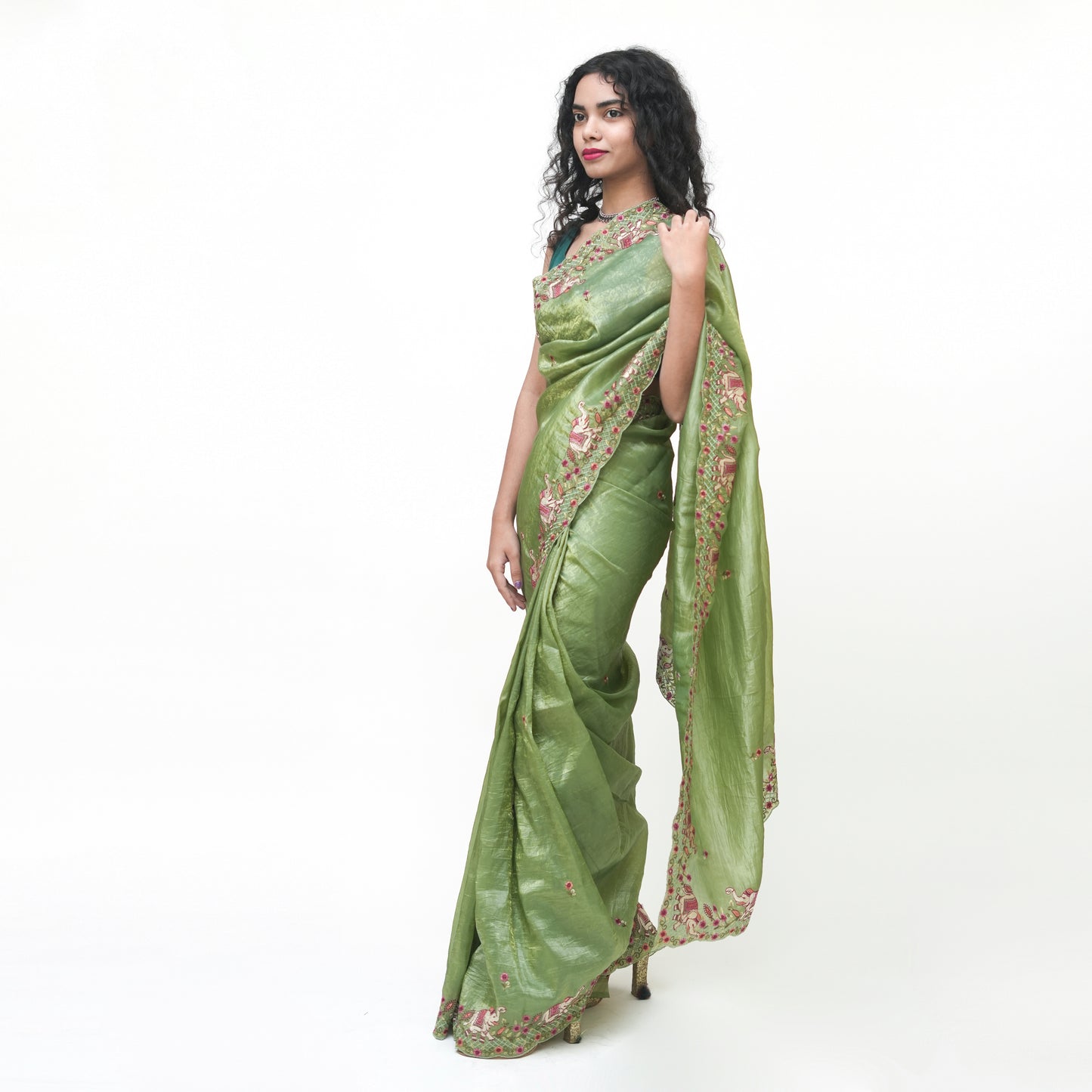 Pure Green Tissue Saree with Embroidery and Blouse Piece