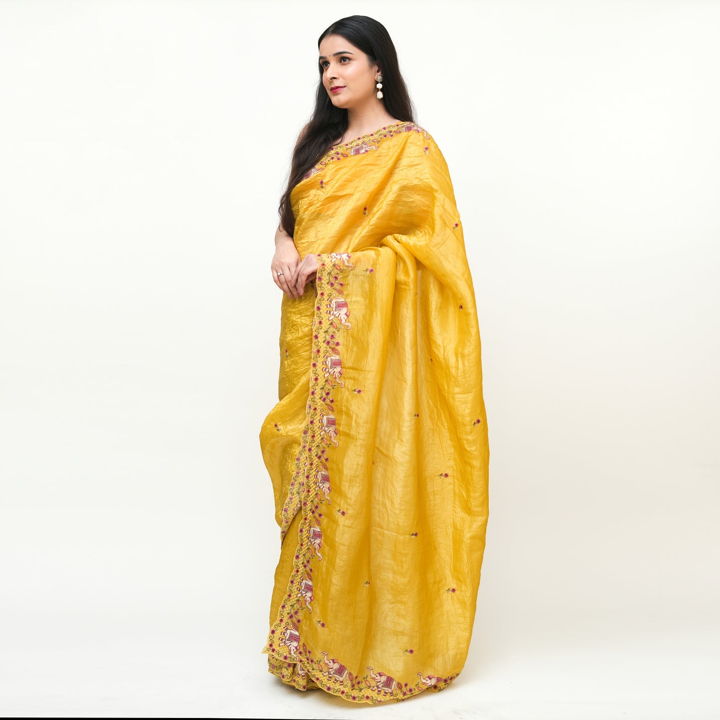 Mustard Yellow Tissue Saree with Embroidery and Blouse Piece