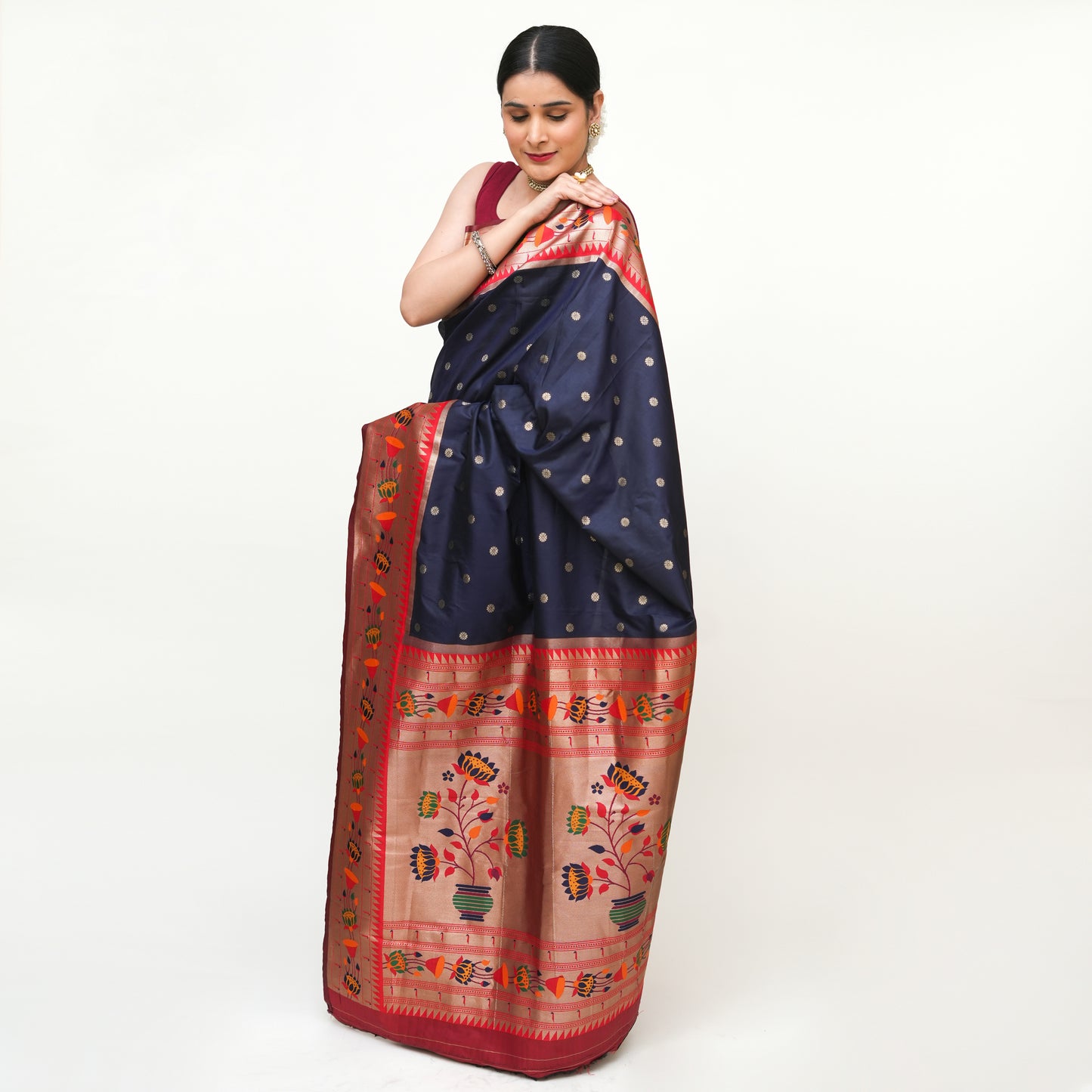 Navy Blue Paithani Design Banarasi Silk Saree with Blouse Piece - Premium Silk Cotton Blend