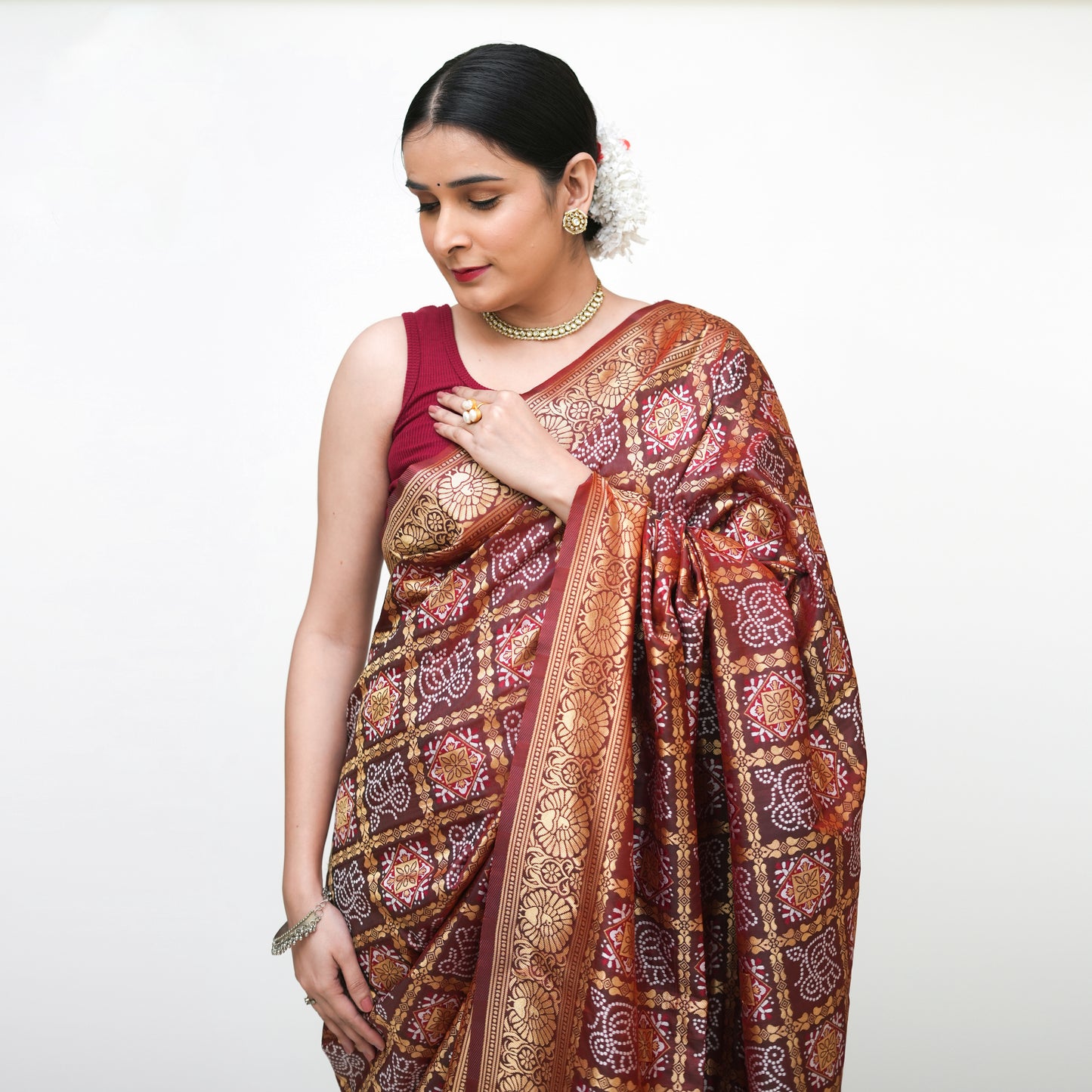 Dark Brown Maroon Banarasi Gharchola Saree with Blouse Piece - Premium Silk Cotton Blend