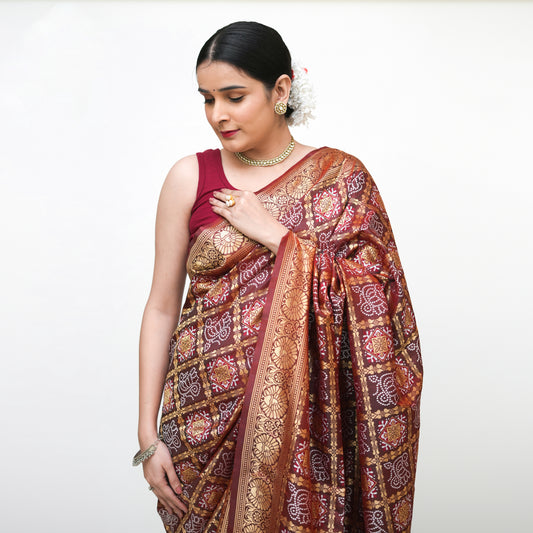 Dark Brown Maroon Banarasi Gharchola Saree with Blouse Piece - Premium Silk Cotton Blend