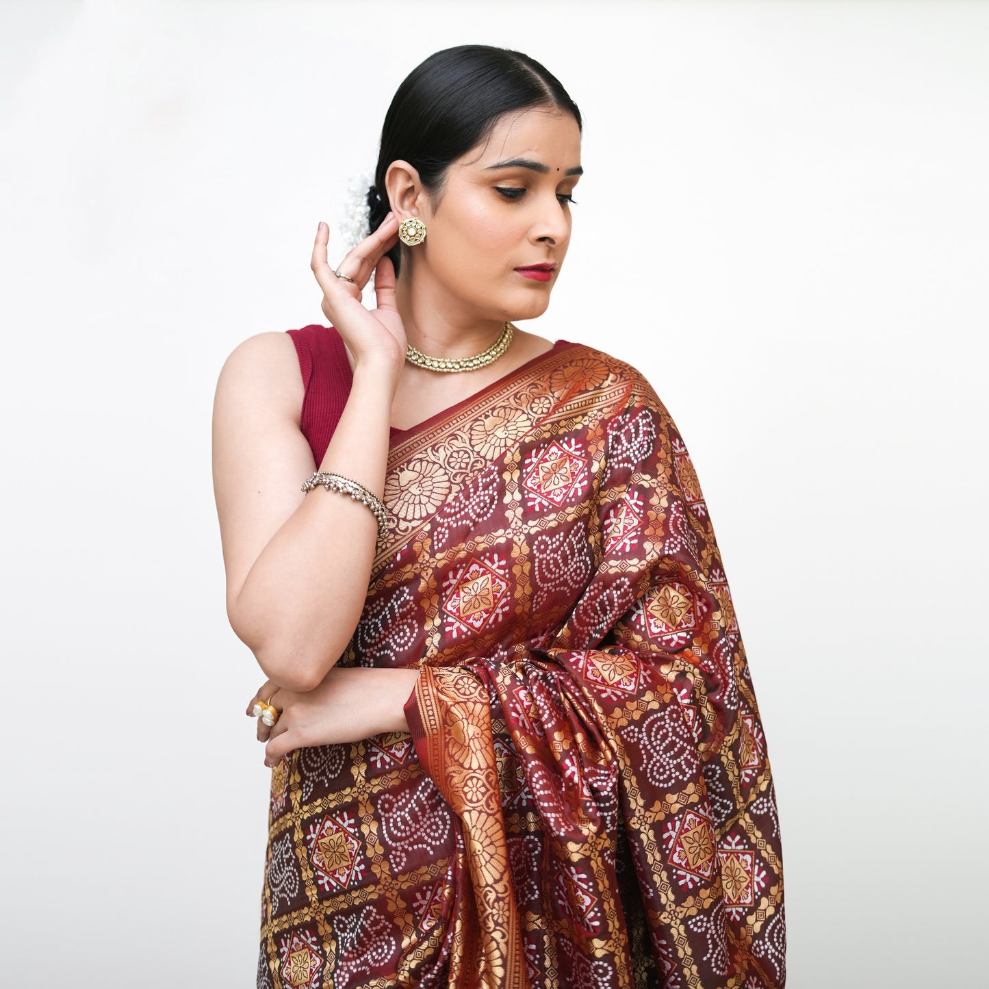 Dark Brown Maroon Banarasi Gharchola Saree with Blouse Piece - Premium Silk Cotton Blend