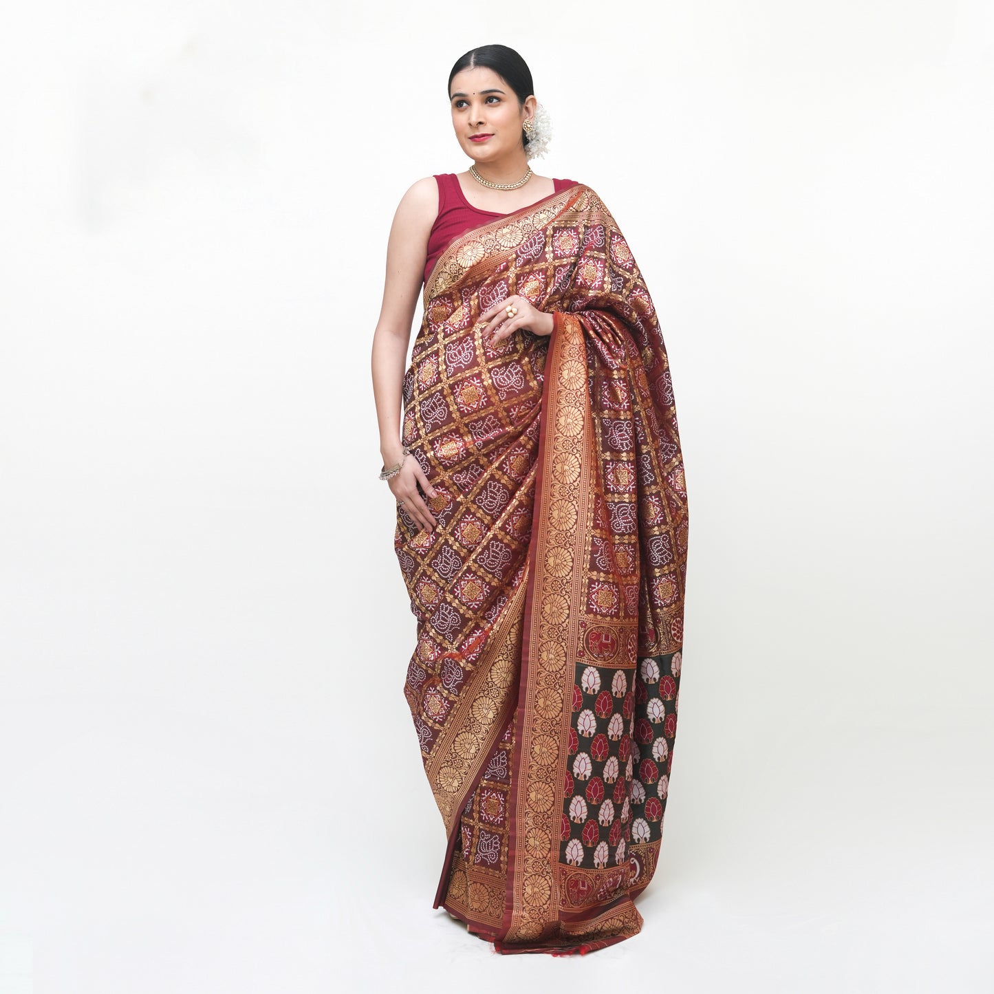 Dark Brown Maroon Banarasi Gharchola Saree with Blouse Piece - Premium Silk Cotton Blend
