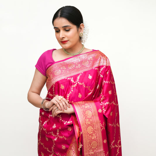 Hot Pink Banarasi Silk Saree with Blouse Piece - Premium Silk Cotton Blend