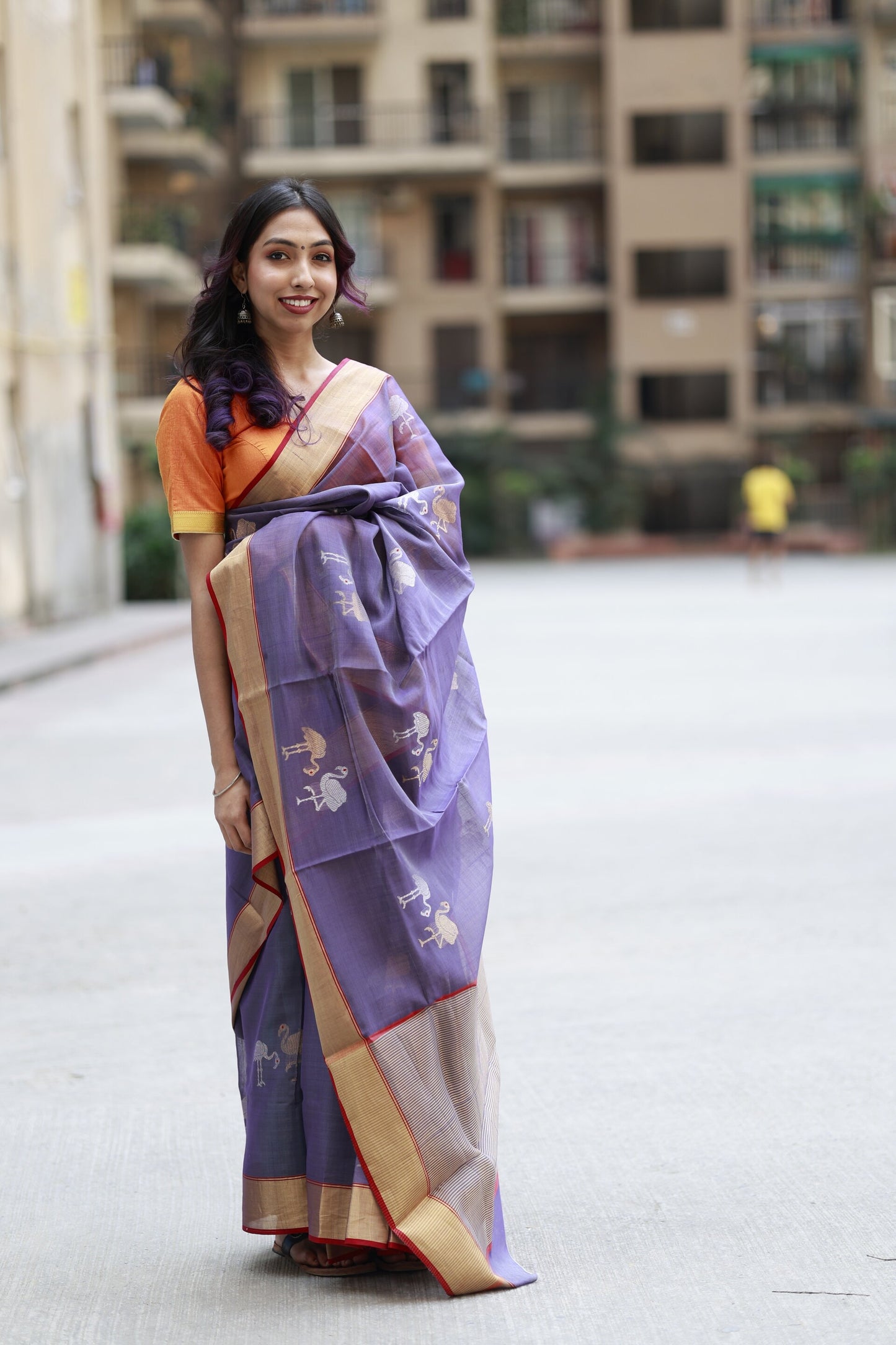 Purple Chanderi Silk Saree with Golden Hans Weaving and Red Border - With Blouse Piece