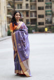 Purple Chanderi Silk Saree with Golden Hans Weaving and Red Border - With Blouse Piece
