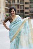 Icy Blue Frost Chanderi Silk Saree with Golden and Red Golden Butas