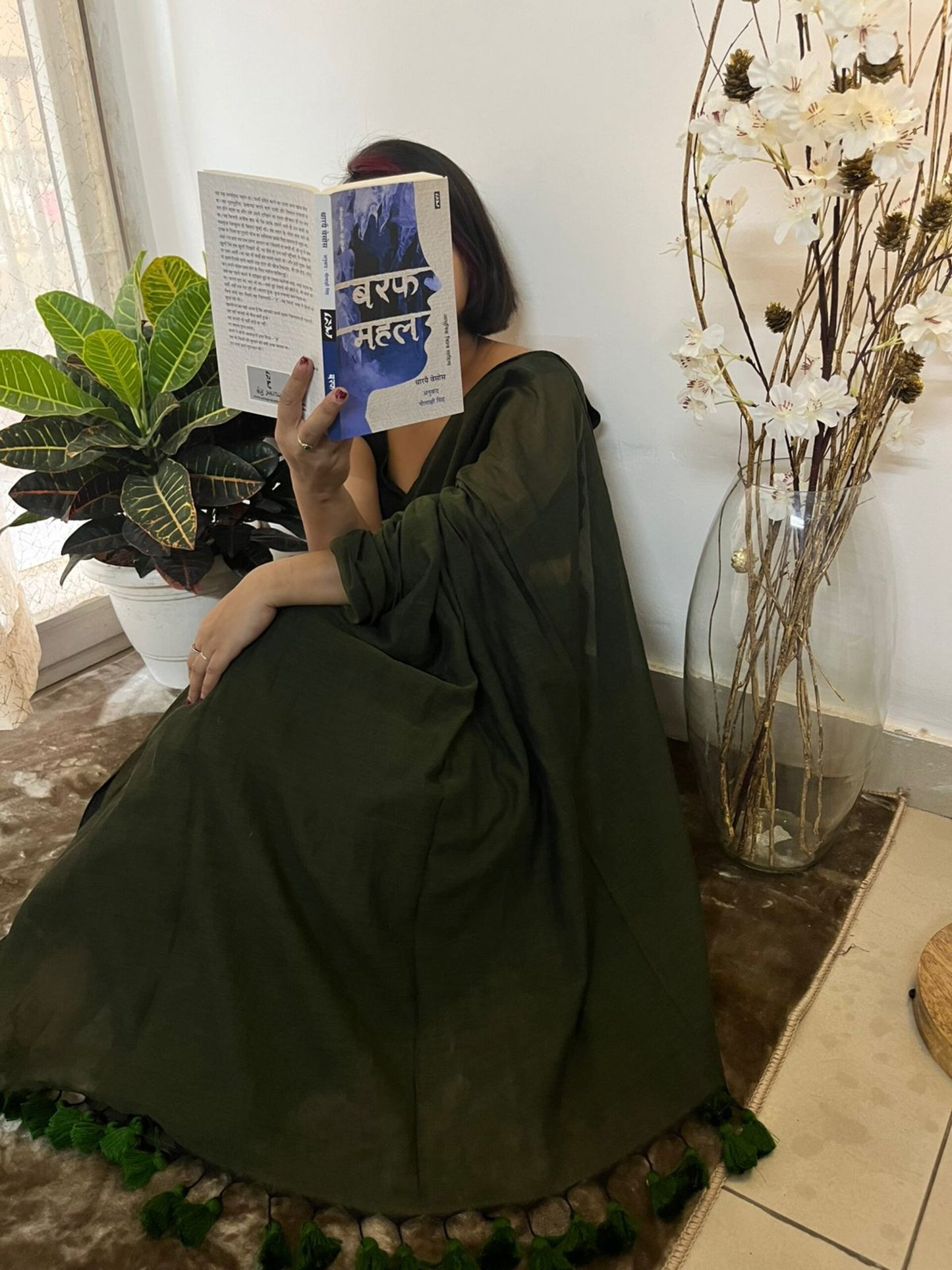 Olive Green Soft Mulmul Cotton Simple Saree with Tassels