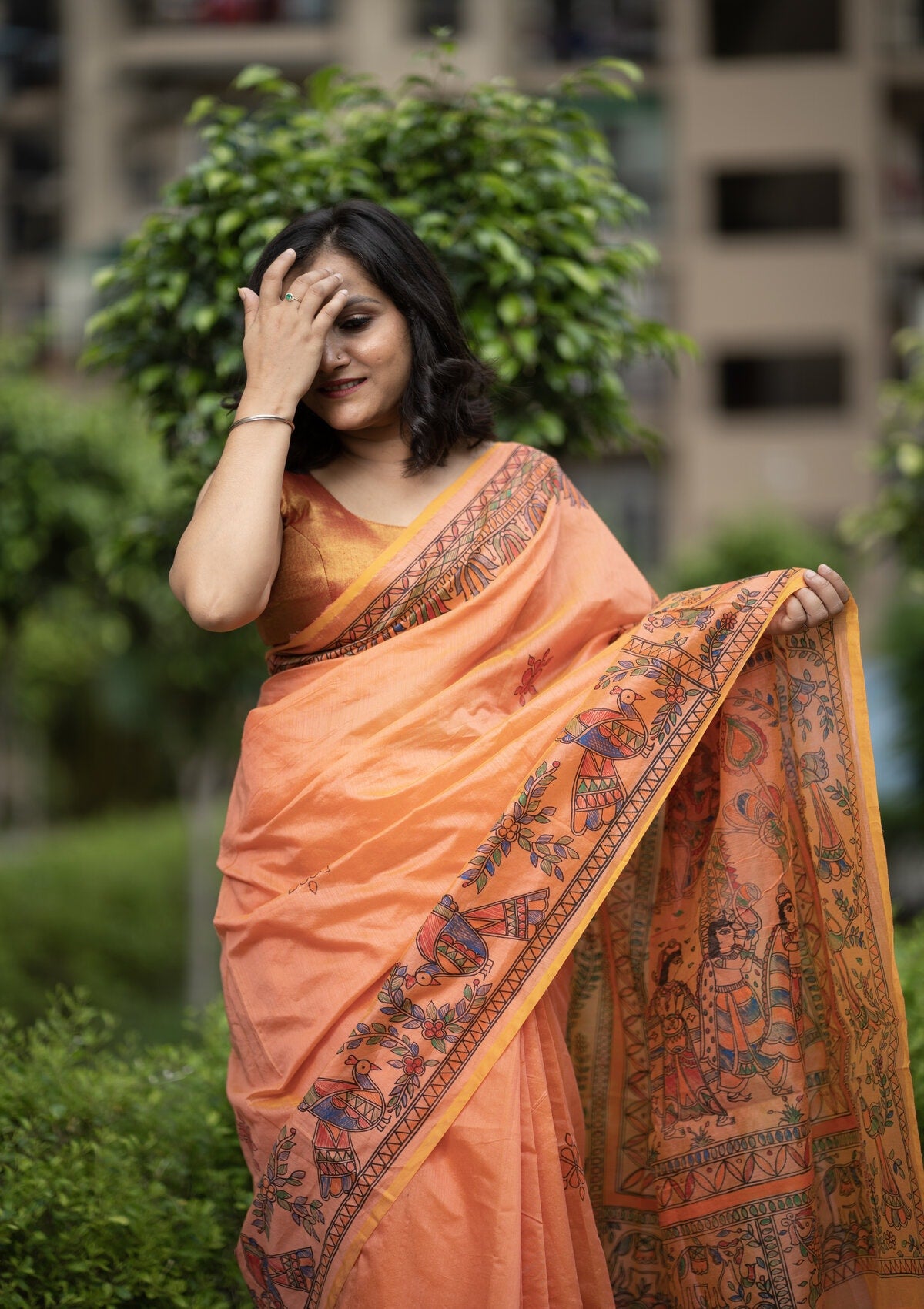 Orange Madhubani Hand Painted Saree with Blouse - Traditional Cotton Silk