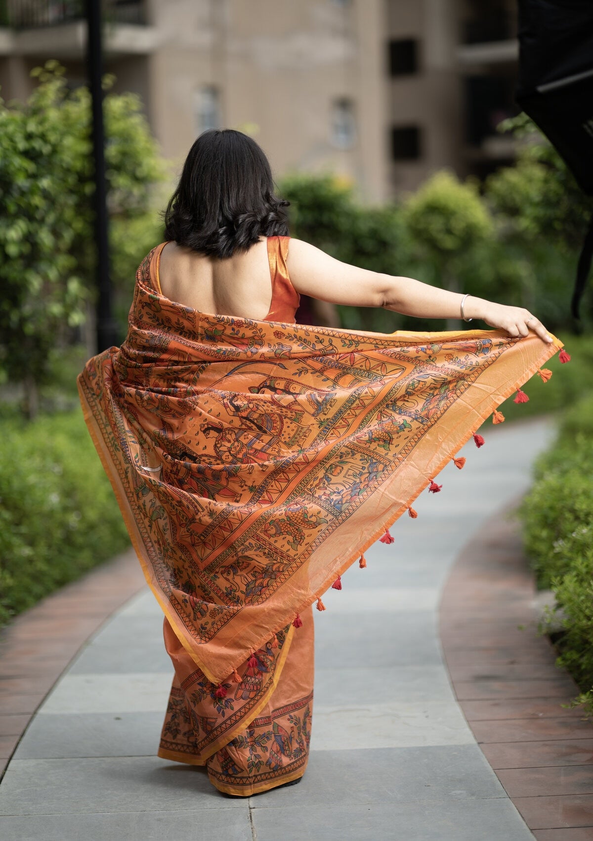 Orange Madhubani Hand Painted Saree with Blouse - Traditional Cotton Silk
