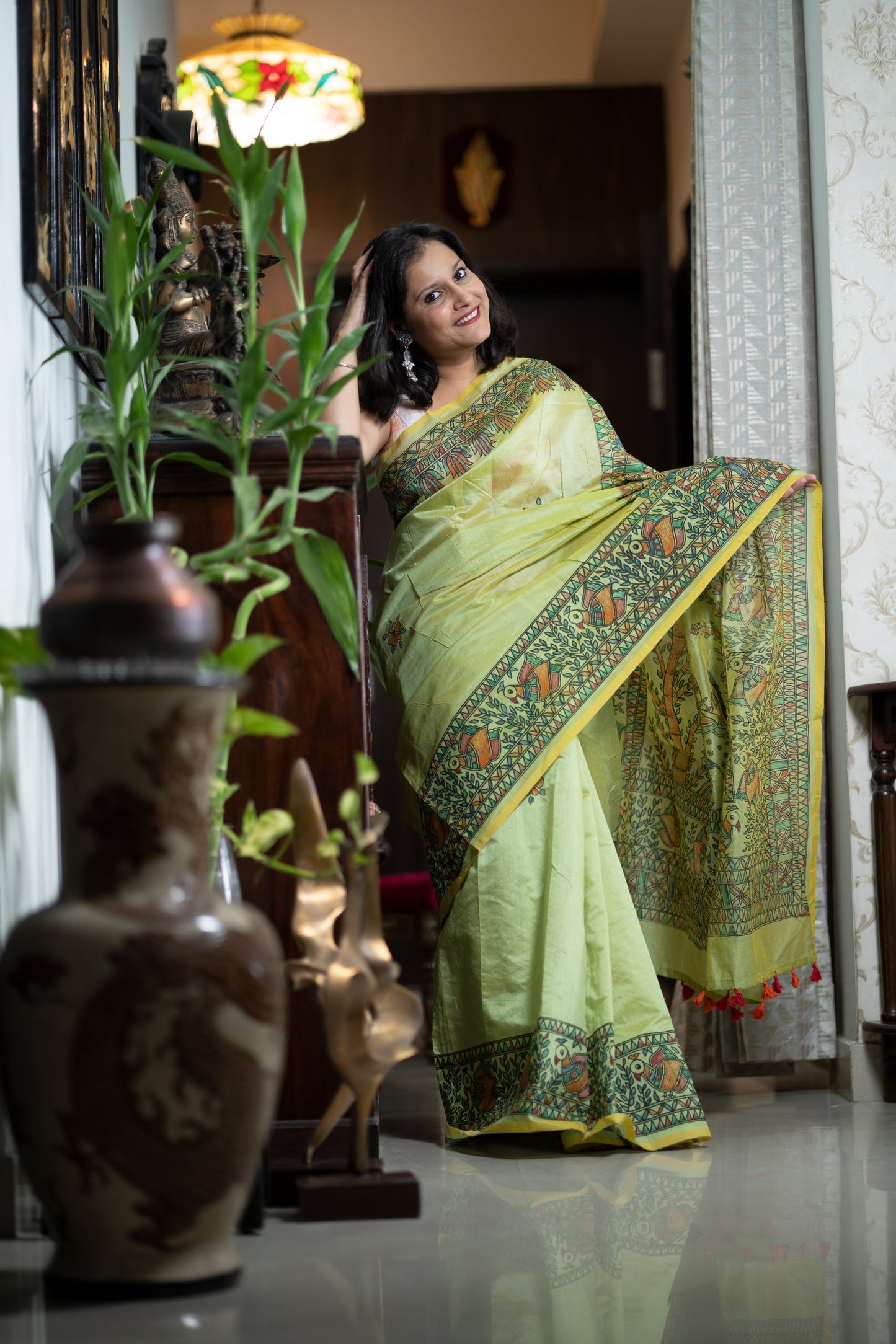 Lemon Yellow Madhubani Hand Painted Saree with Blouse - Traditional Cotton Silk