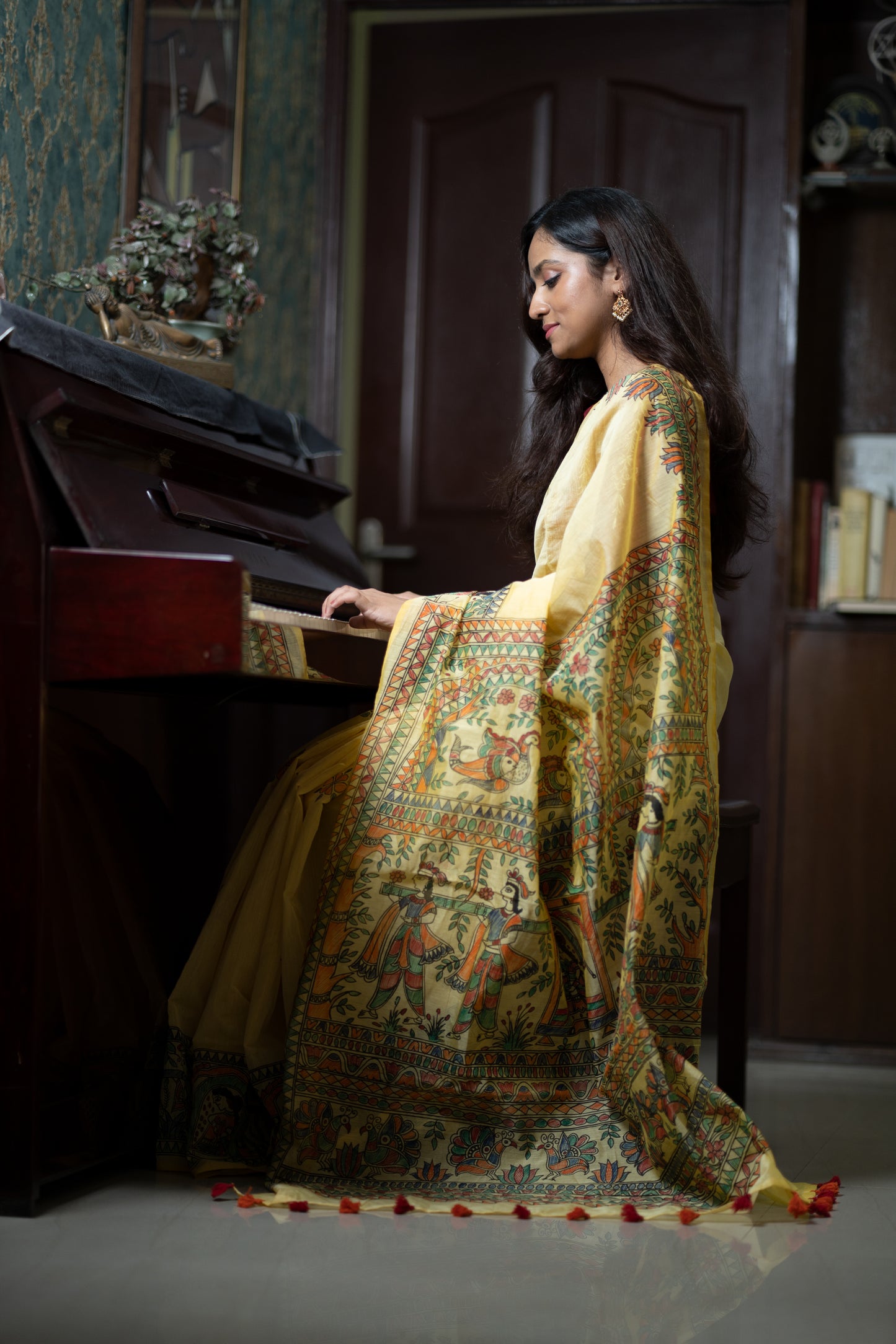 Lemon Yellow Madhubani Hand Painted Saree with Blouse - Traditional Cotton Silk