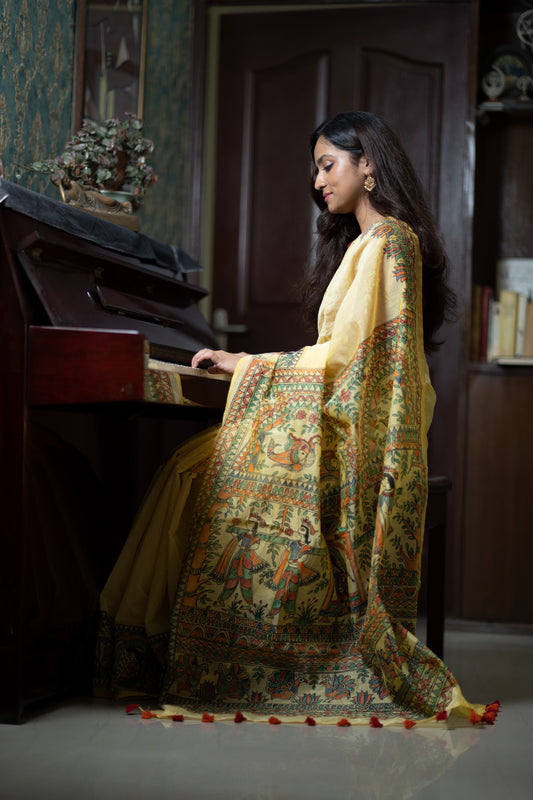 Lemon Yellow Madhubani Hand Painted Saree with Blouse - Traditional Cotton Silk