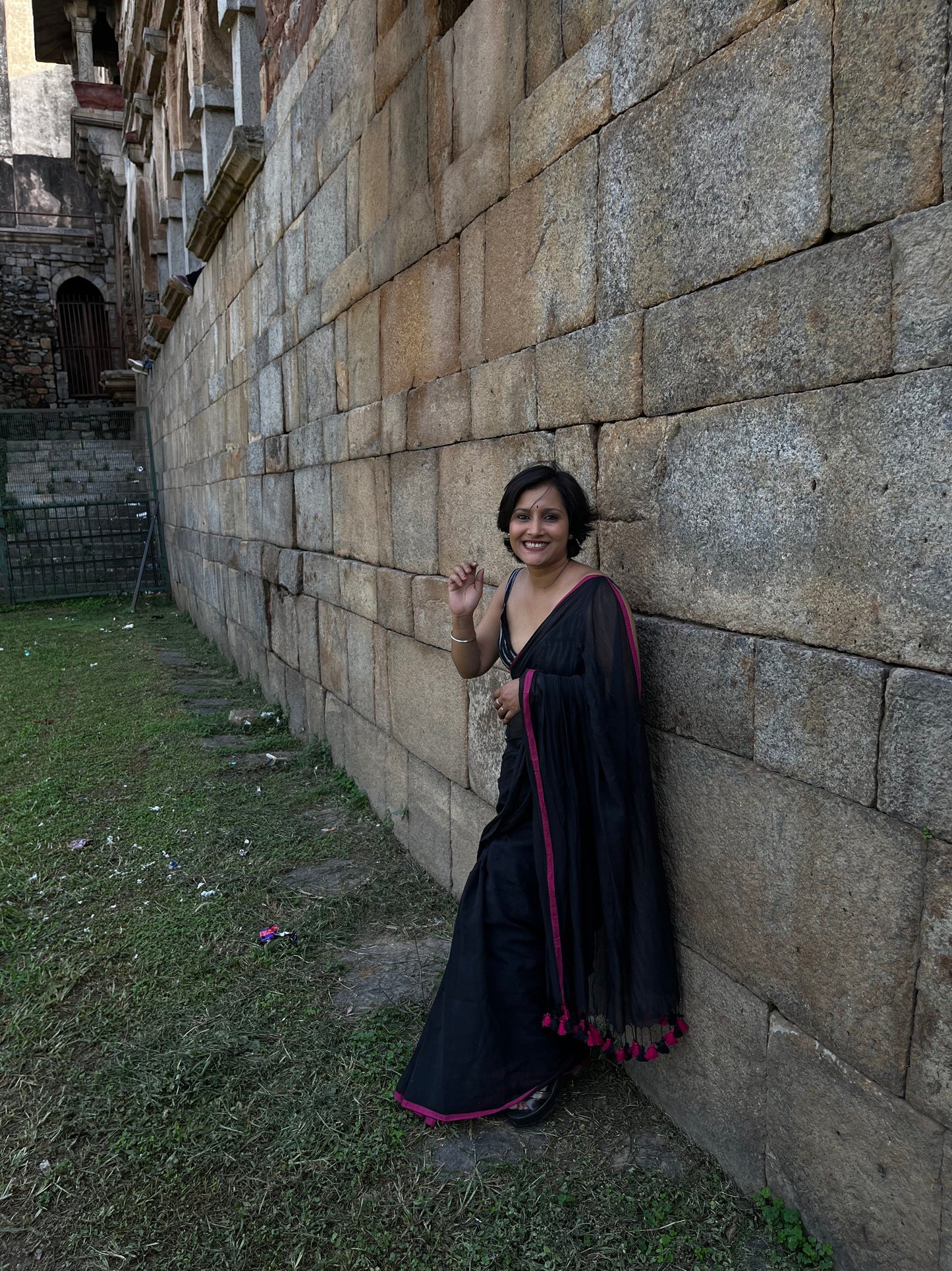 Black Soft Mulmul Cotton Simple Saree with Pink Tassels