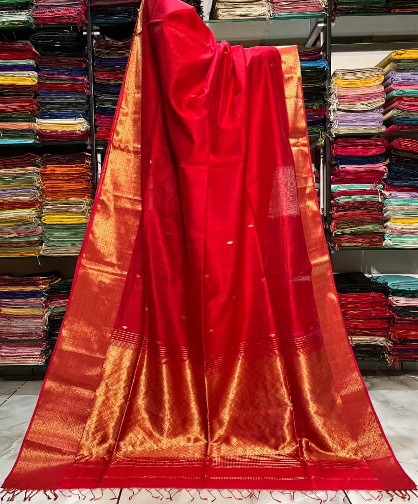Red Maheshwari Silk Saree with Golden Zari Border