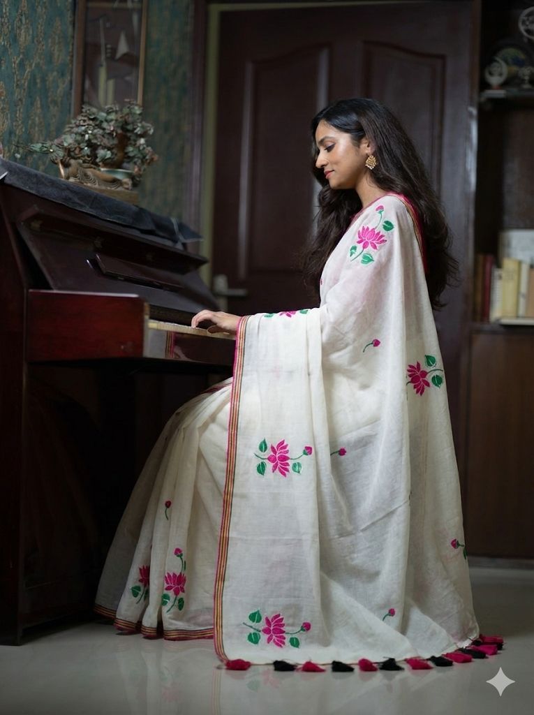 Kamal Embroidery Pure Cotton Saree - White