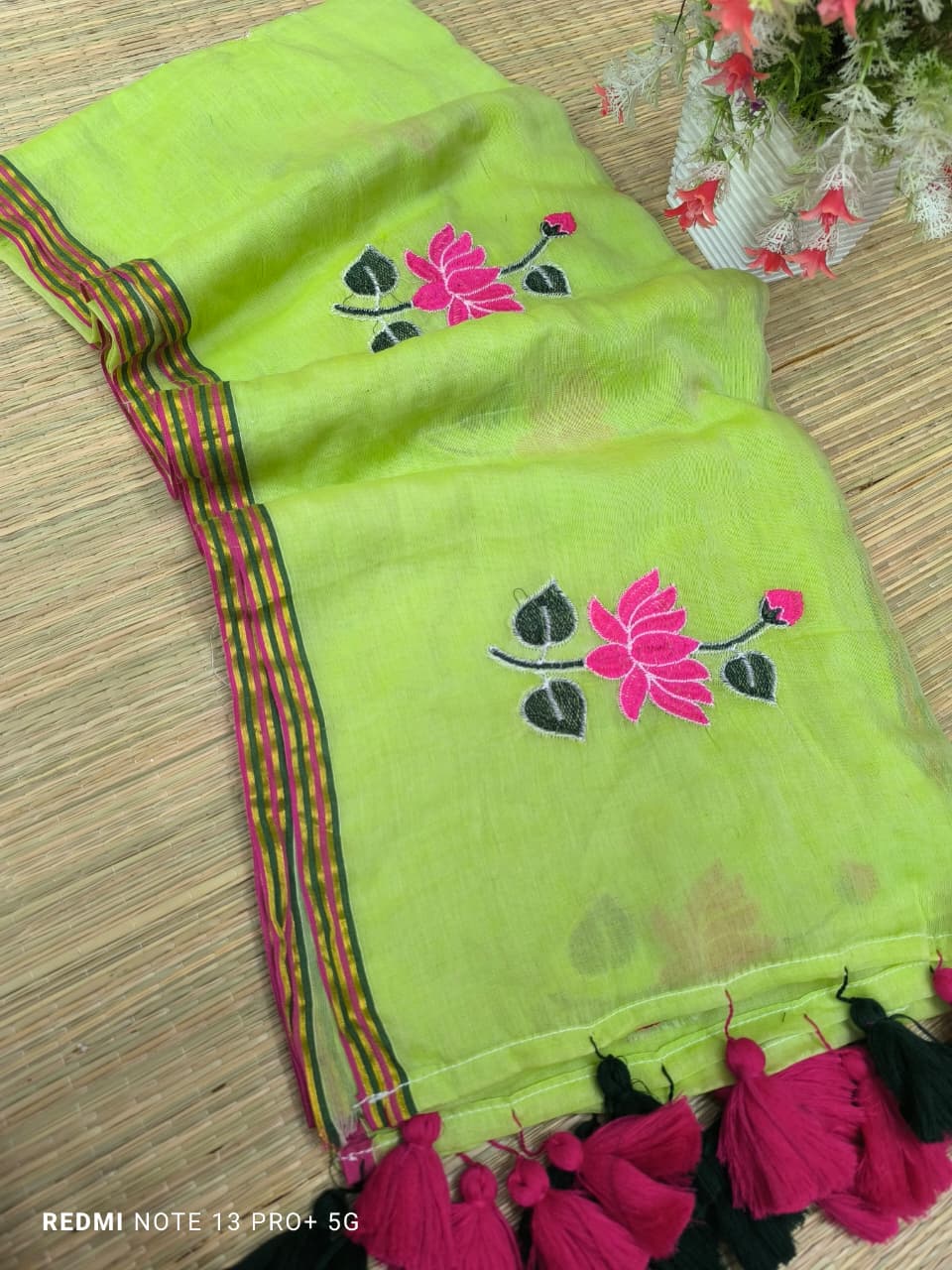 Kamal Embroidery Pure Cotton Saree - Parrot Green