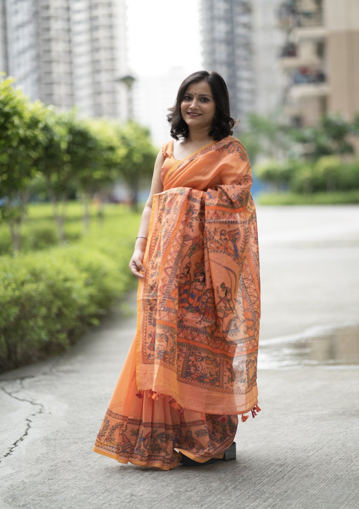 Orange Madhubani Hand Painted Saree with Blouse - Traditional Cotton Silk