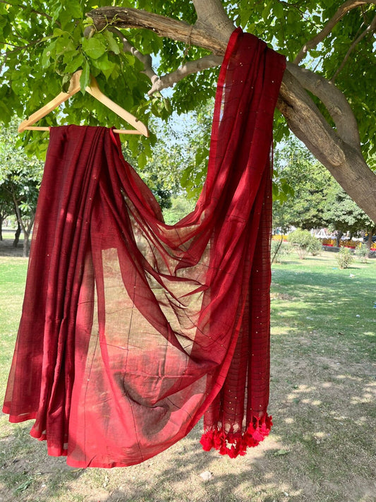 Red Sitara Saree Soft Mulmul Cotton Saree with Tassels