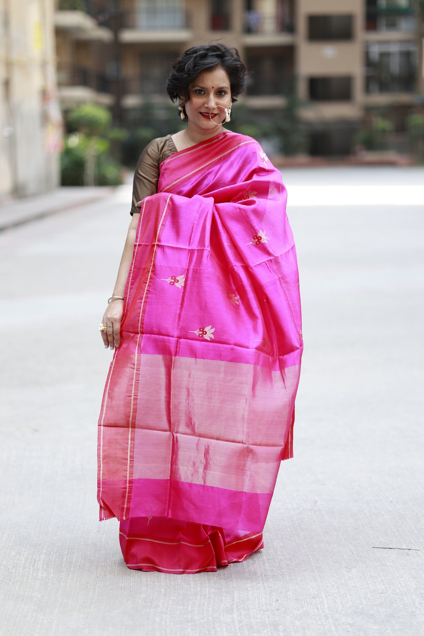 Hot Pink Chanderi Silk Saree with Small Flower Motifs - Premium Handwoven
