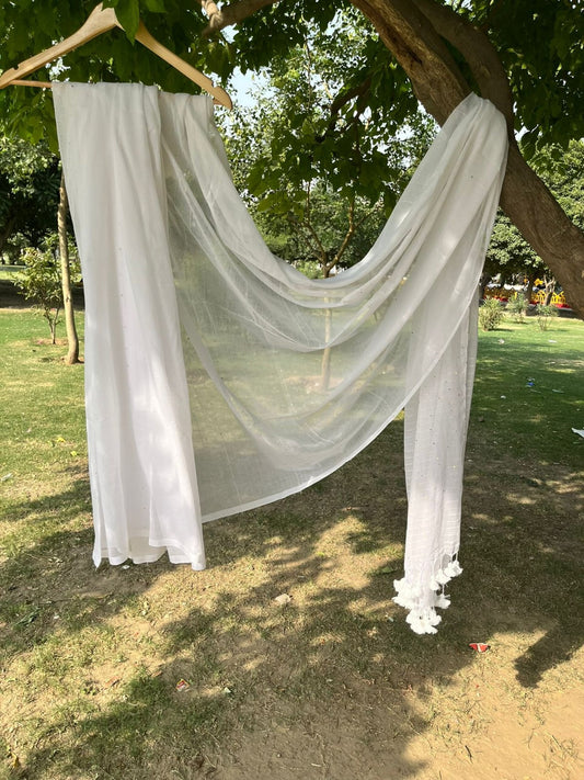 White Sitara Saree Soft Mulmul Cotton Saree with Tassels