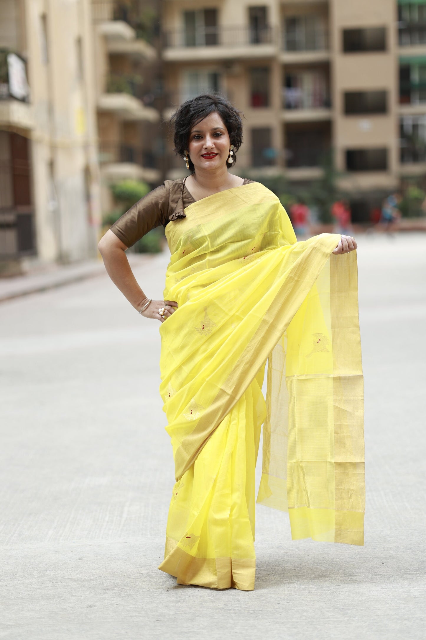Amber Gold Basanti Chanderi Silk Saree with Golden Zari Border and Bird Motifs