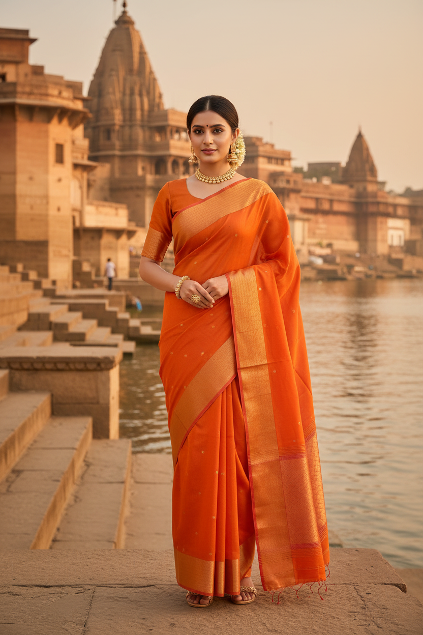 Orange Maheshwari Silk Saree - Full Length at Varanasi